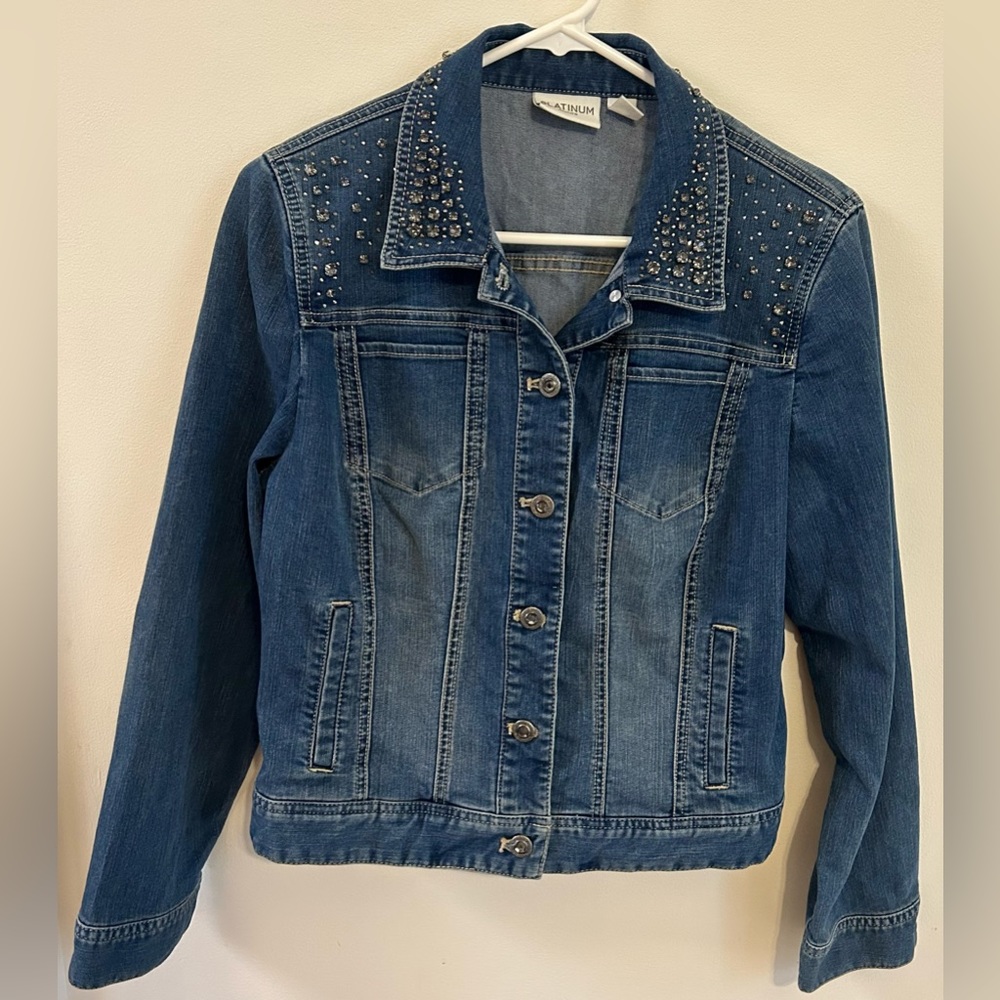 Chicos Platinum Denim Jean Jacket with rhinestones, size 1